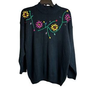 Vintage Sweater Women's L Mock Neck Embroidered Sequin Black Beaded Retro Y2K 90